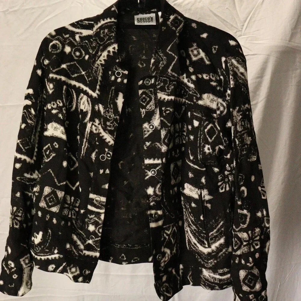 Chicos Design Vntg Linen Tencel Abstract Tribal Print Jacket Black White 0 Small